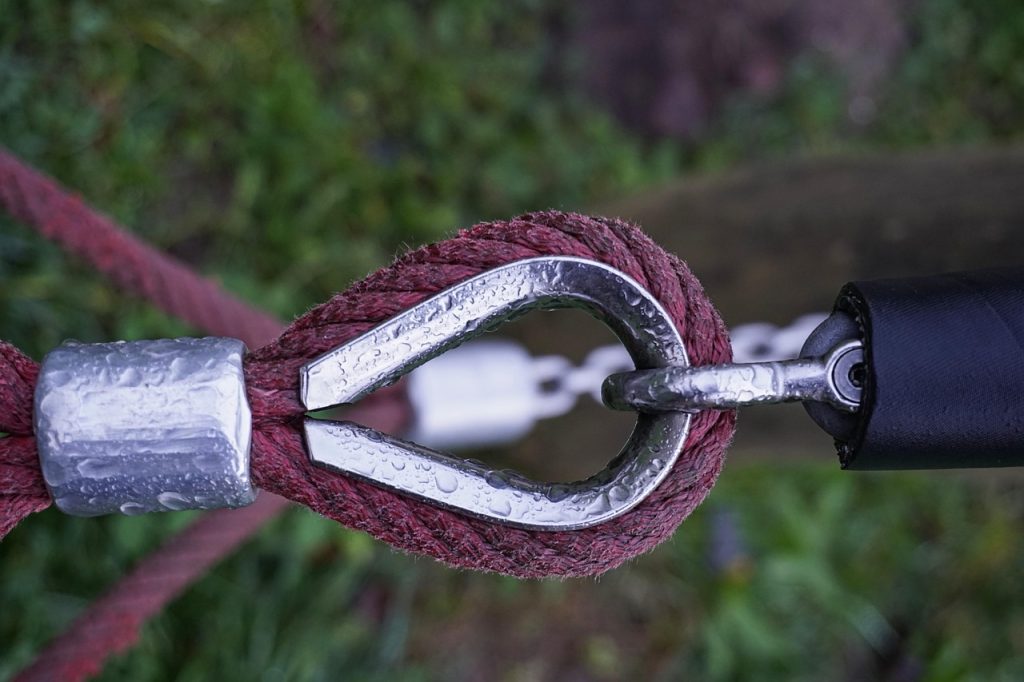 rope, dew, carabiner, climbing frame, playground, hammock, knitting, braided, connection, knot, fastening, close up, hold tight, detail shot, knotted, strand, wood, autumnal, metal