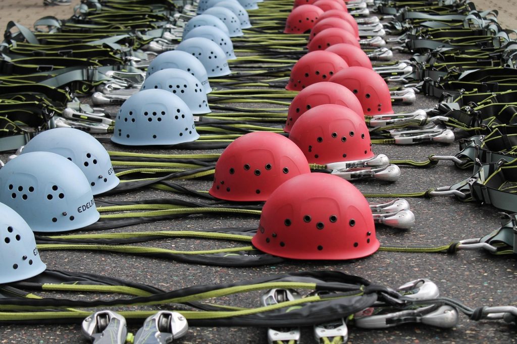 climbing helmets, climbing equipment, climbing harness, climbing park, helmets, straps, forest, fun, high ropes course, climbing garden, rope park, head for heights, ropes, adventure, security, climb, balance, blue, red, nature, hold tight, team, agility